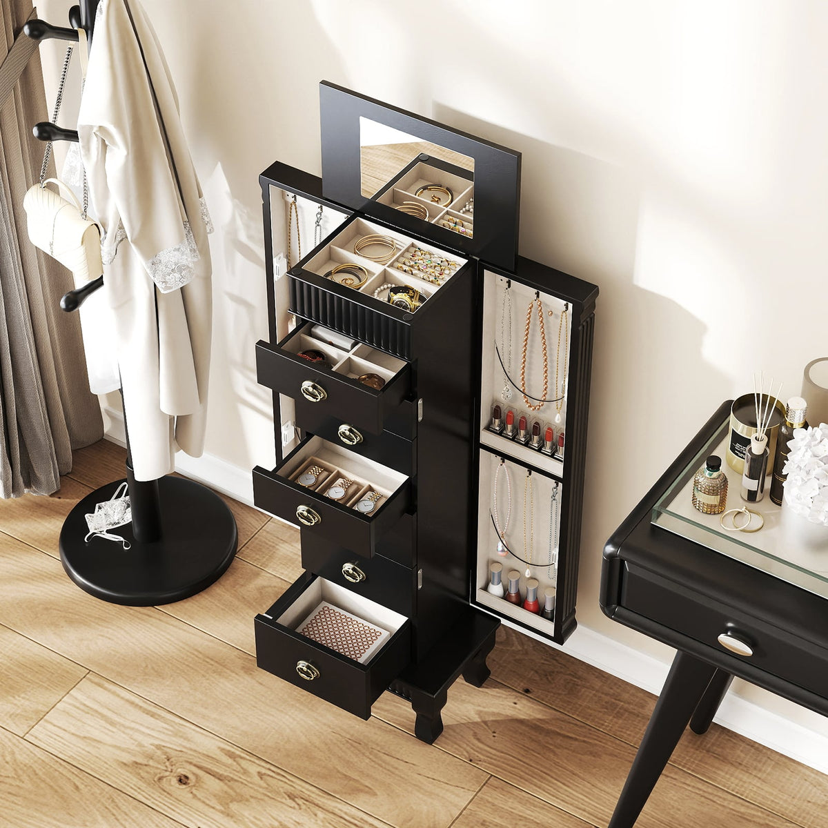 Wooden Jewelry Armoire Cabinet Storage Chest with Drawers and Swing Doors-Black-Jewelry Armoires-DECOROLALA