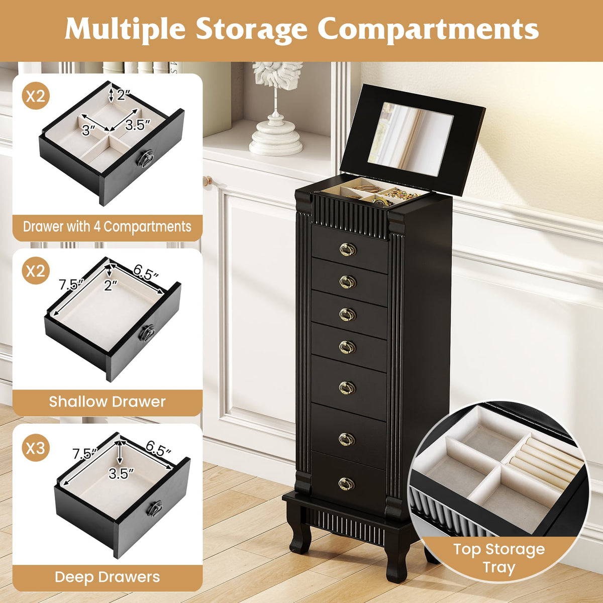Wooden Jewelry Armoire Cabinet Storage Chest with Drawers and Swing Doors-Black-Jewelry Armoires-DECOROLALA