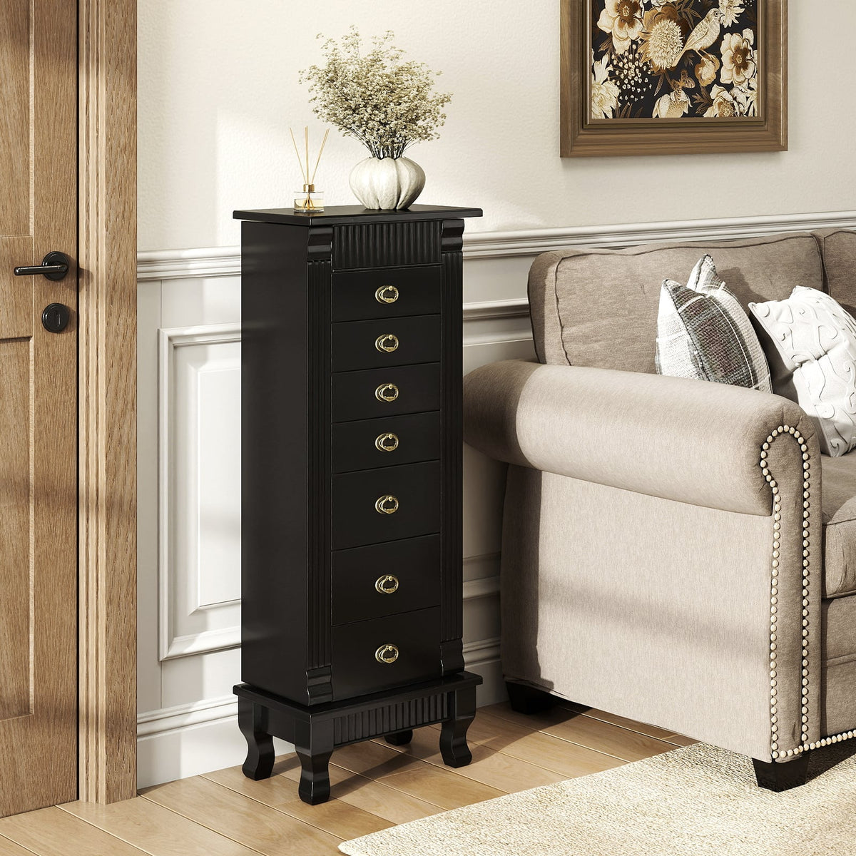 Wooden Jewelry Armoire Cabinet Storage Chest with Drawers and Swing Doors-Black-Jewelry Armoires-DECOROLALA