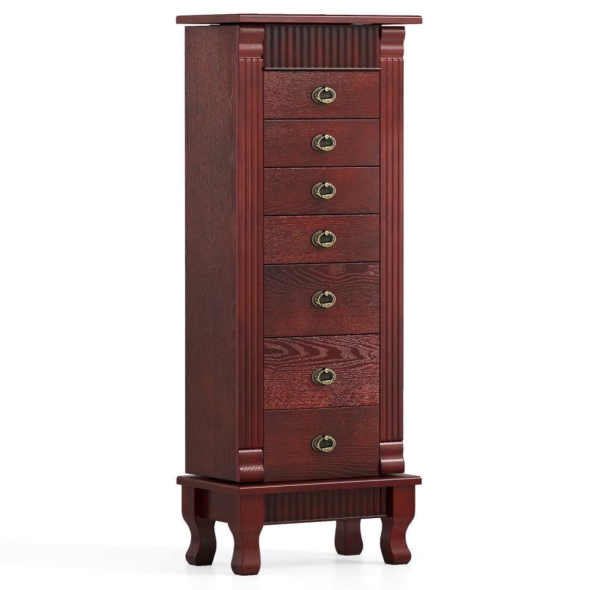 Wooden Jewelry Armoire Cabinet Storage Chest with Drawers and Swing Doors-Brown-Jewelry Armoires-DECOROLALA