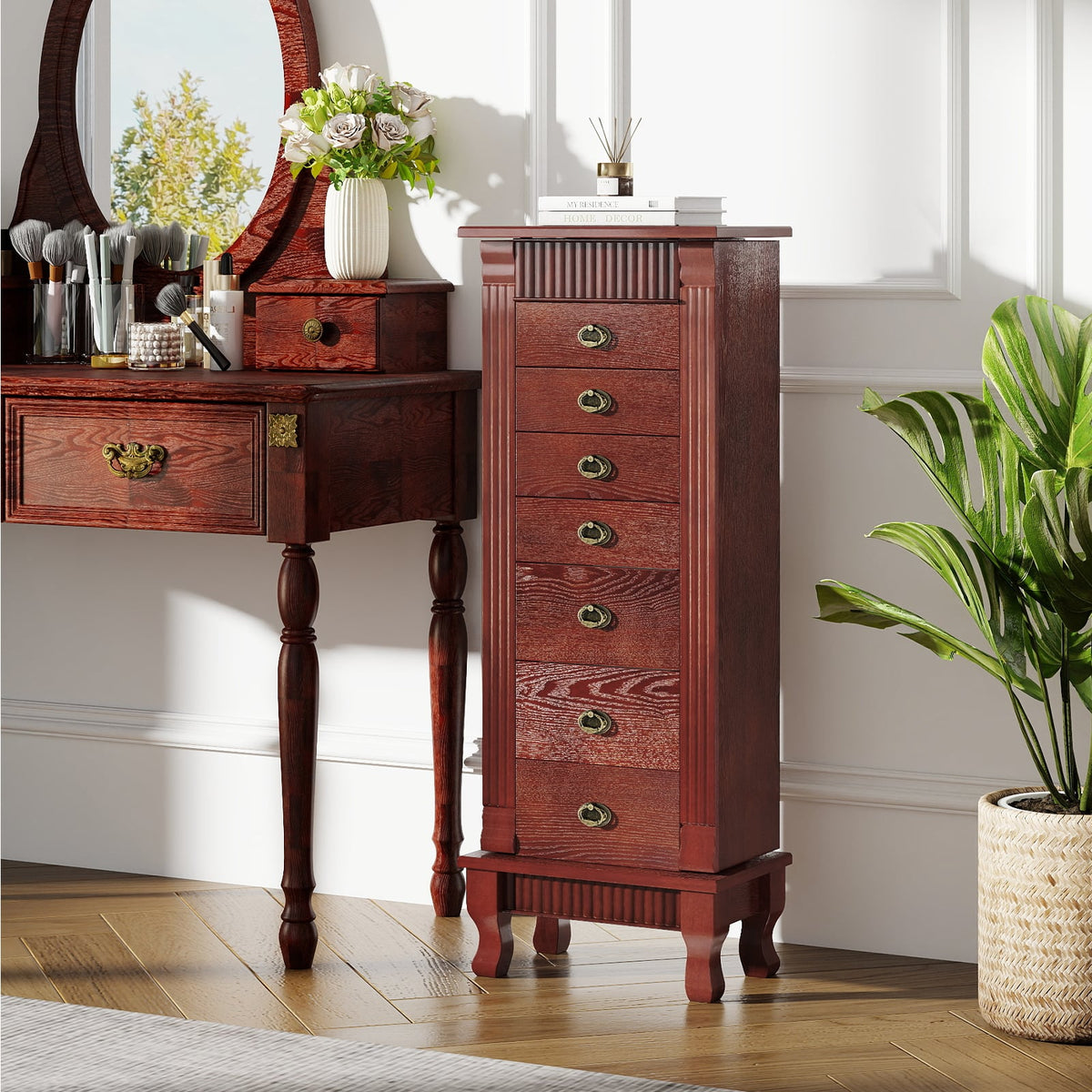 Wooden Jewelry Armoire Cabinet Storage Chest with Drawers and Swing Doors-Brown-Jewelry Armoires-DECOROLALA