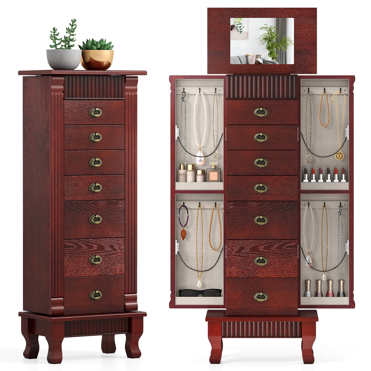 Wooden Jewelry Armoire Cabinet Storage Chest with Drawers and Swing Doors-Brown-Jewelry Armoires-DECOROLALA