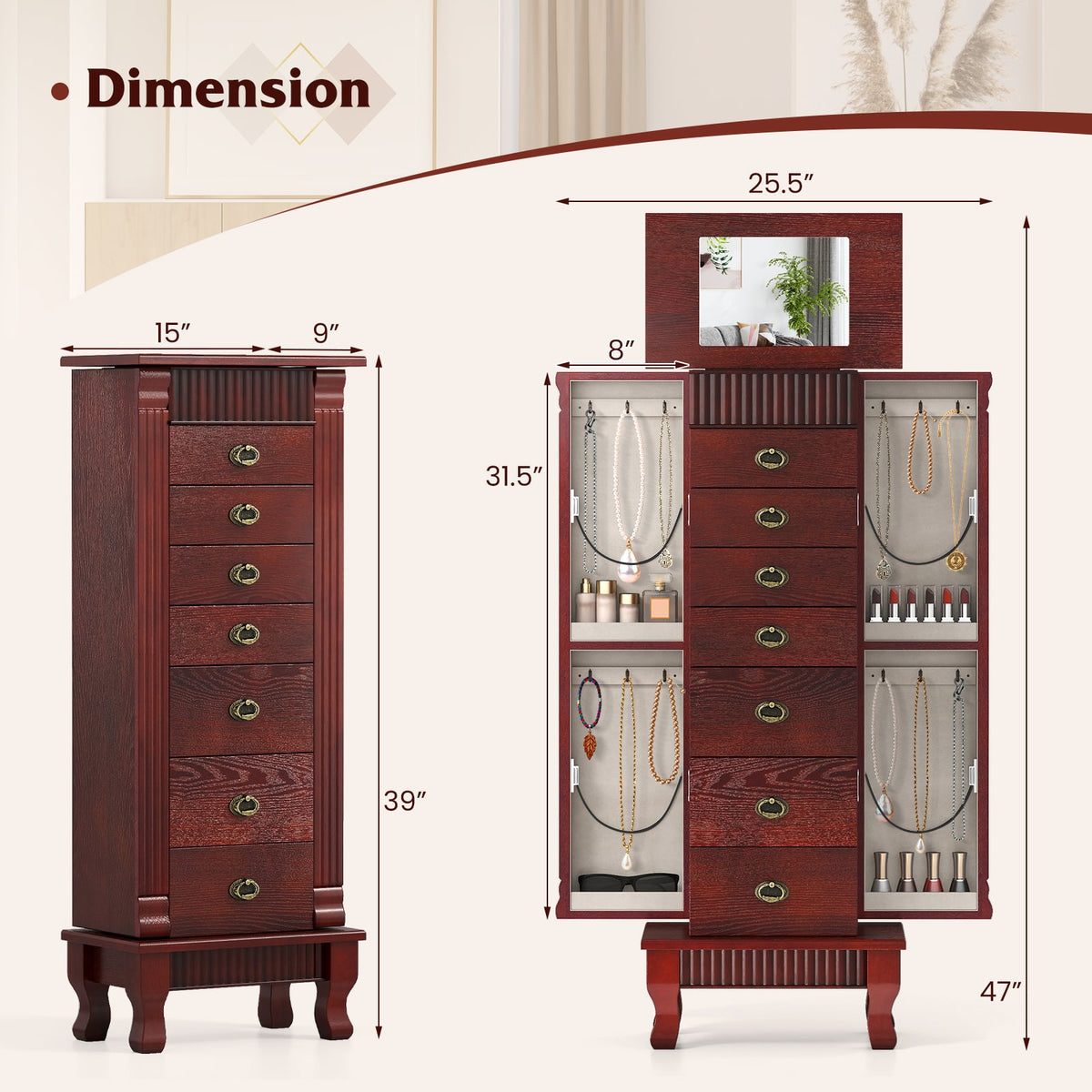 Wooden Jewelry Armoire Cabinet Storage Chest with Drawers and Swing Doors-Brown-Jewelry Armoires-DECOROLALA