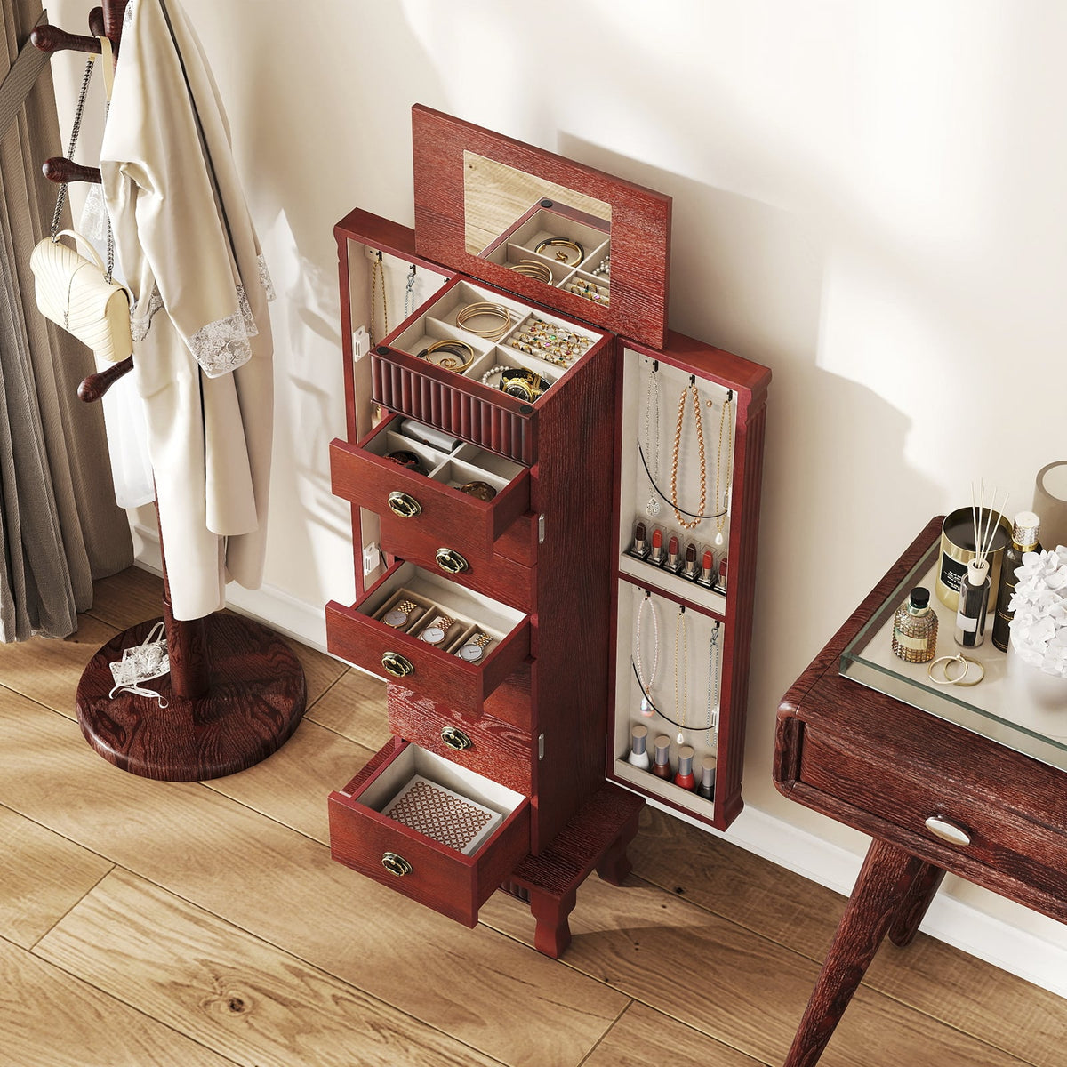 Wooden Jewelry Armoire Cabinet Storage Chest with Drawers and Swing Doors-Brown-Jewelry Armoires-DECOROLALA