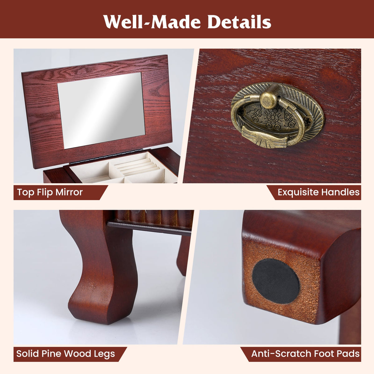 Wooden Jewelry Armoire Cabinet Storage Chest with Drawers and Swing Doors-Brown-Jewelry Armoires-DECOROLALA