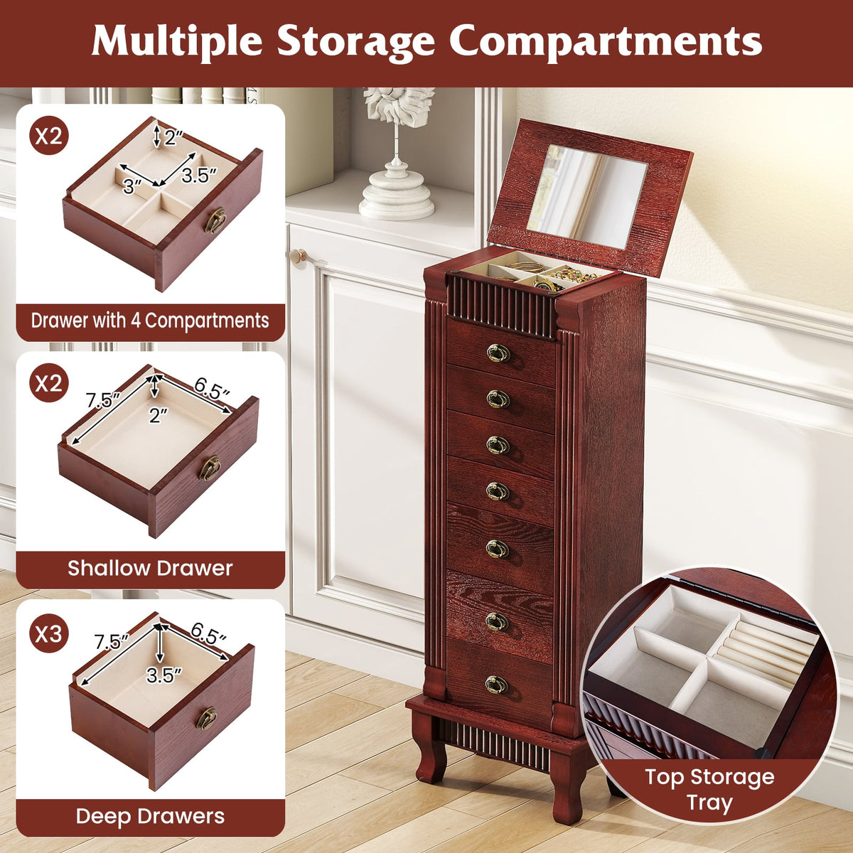 Wooden Jewelry Armoire Cabinet Storage Chest with Drawers and Swing Doors-Brown-Jewelry Armoires-DECOROLALA