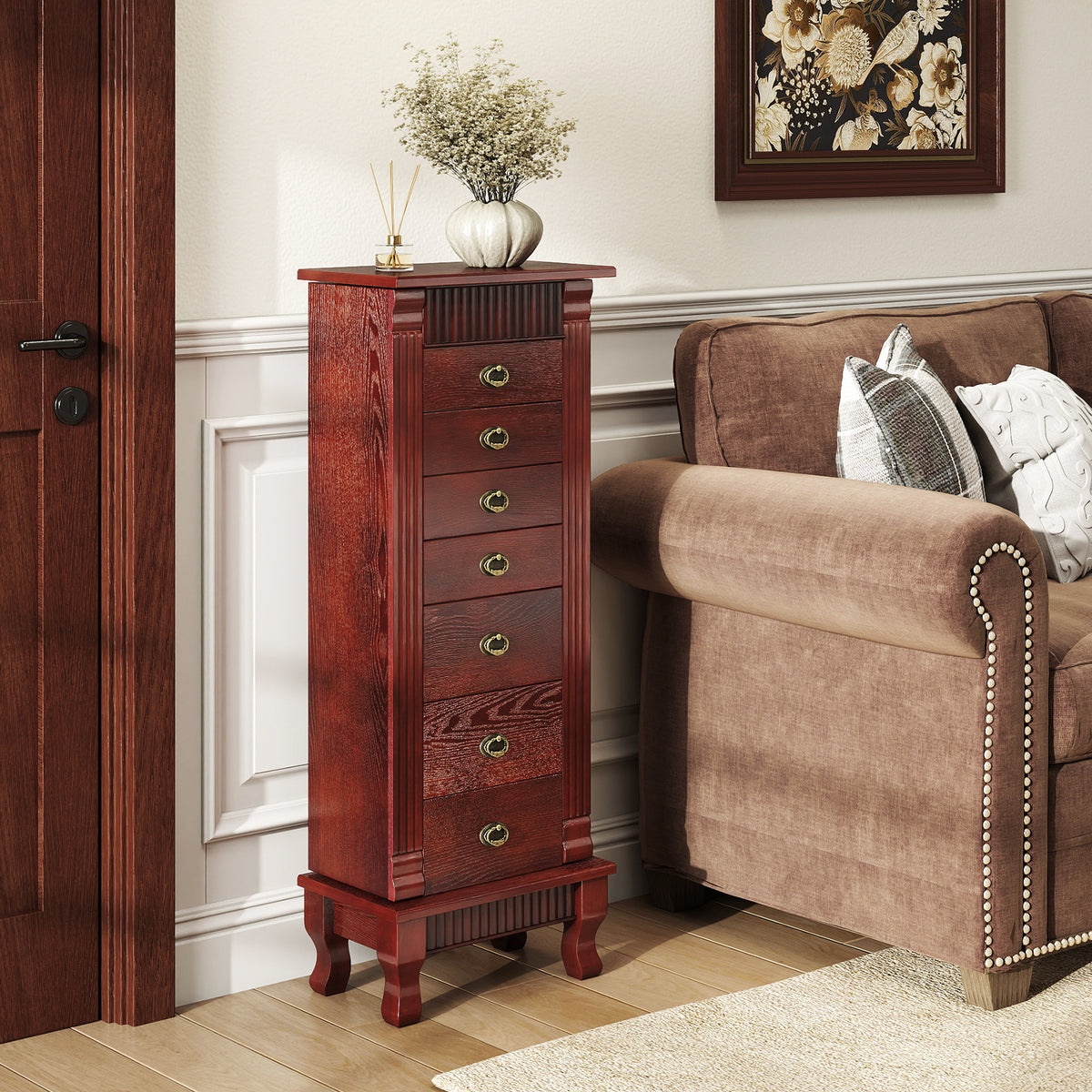 Wooden Jewelry Armoire Cabinet Storage Chest with Drawers and Swing Doors-Brown-Jewelry Armoires-DECOROLALA