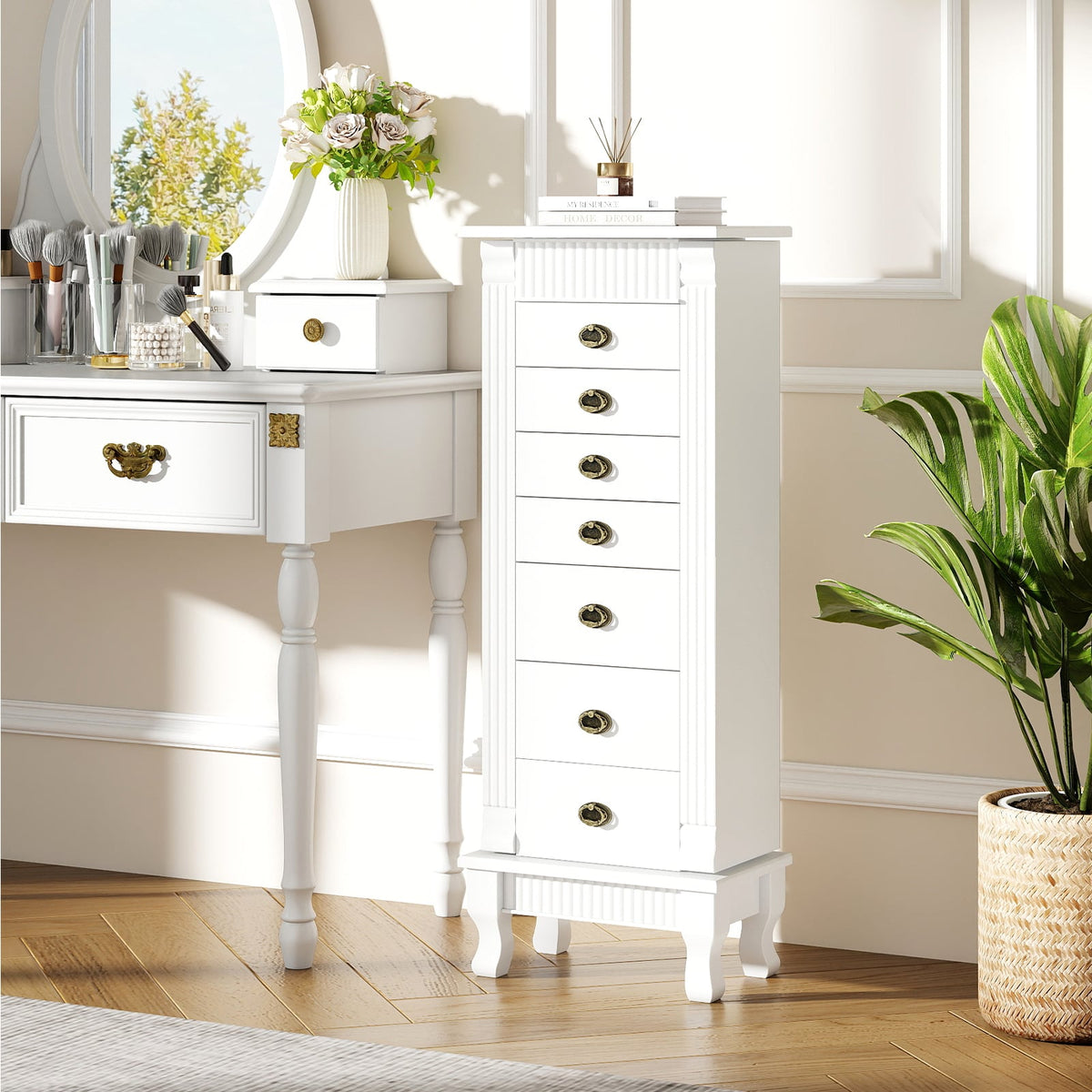 Wooden Jewelry Armoire Cabinet Storage Chest with Drawers and Swing Doors-White-Jewelry Armoires-DECOROLALA