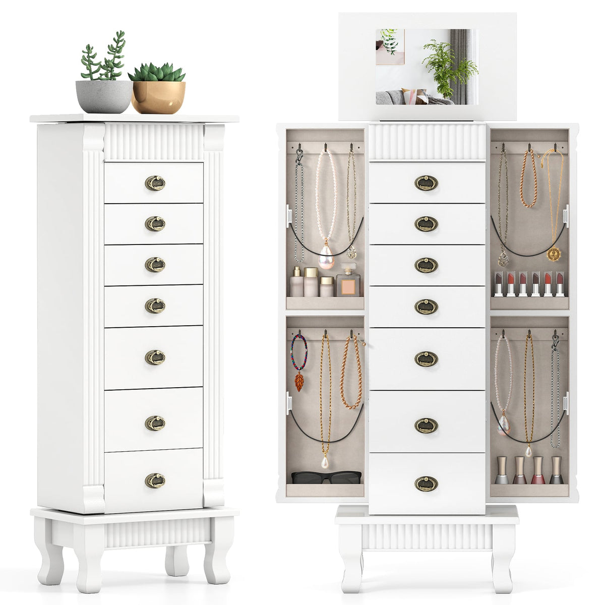 Wooden Jewelry Armoire Cabinet Storage Chest with Drawers and Swing Doors-White-Jewelry Armoires-DECOROLALA
