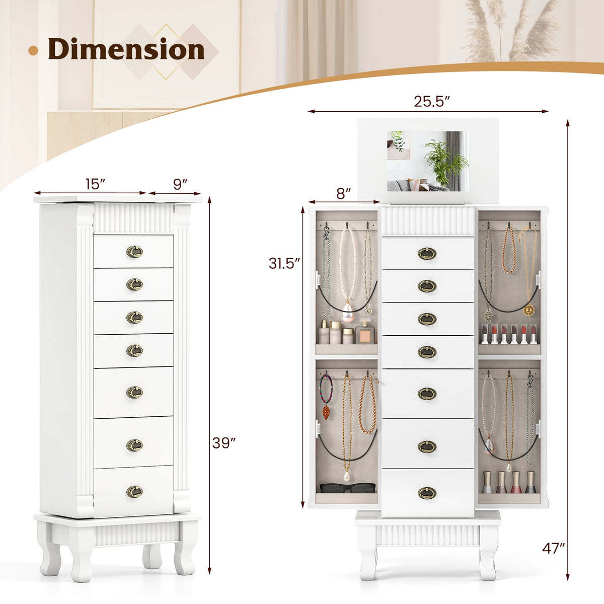 Wooden Jewelry Armoire Cabinet Storage Chest with Drawers and Swing Doors-White-Jewelry Armoires-DECOROLALA