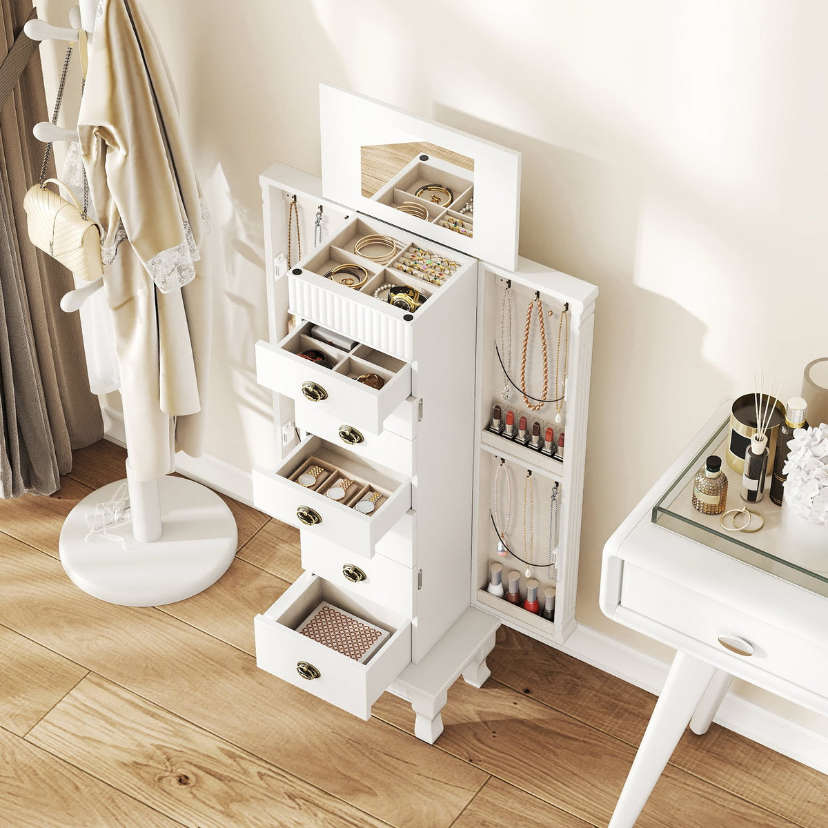 Wooden Jewelry Armoire Cabinet Storage Chest with Drawers and Swing Doors-White-Jewelry Armoires-DECOROLALA