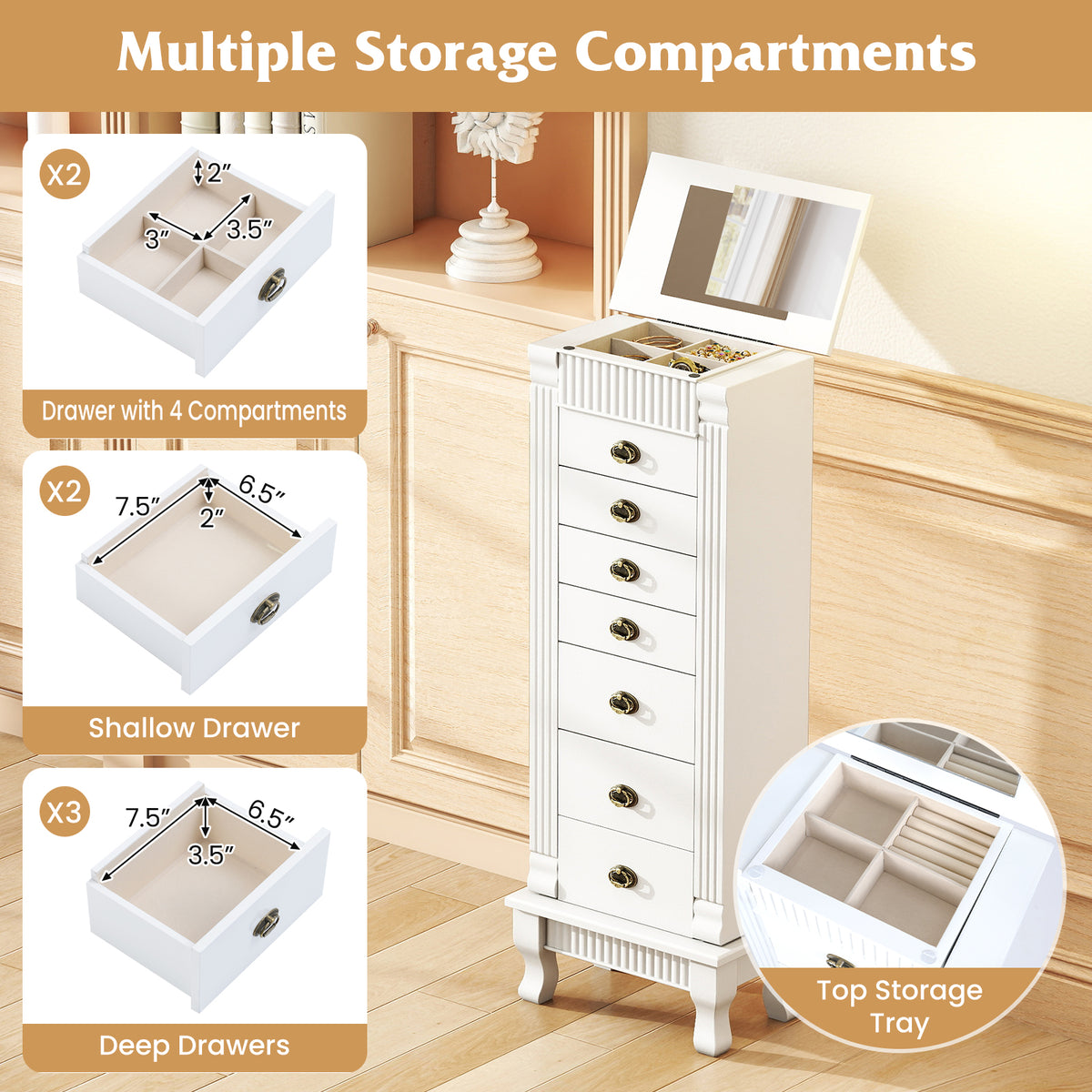 Wooden Jewelry Armoire Cabinet Storage Chest with Drawers and Swing Doors-White-Jewelry Armoires-DECOROLALA