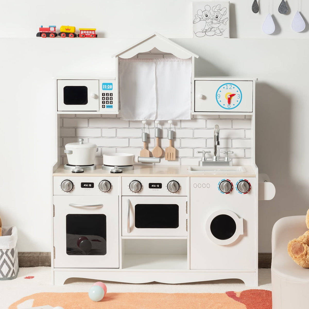 Wooden Kids Kitchen Playset - White 30.5"-Play Kitchen Sets-DECOROLALA