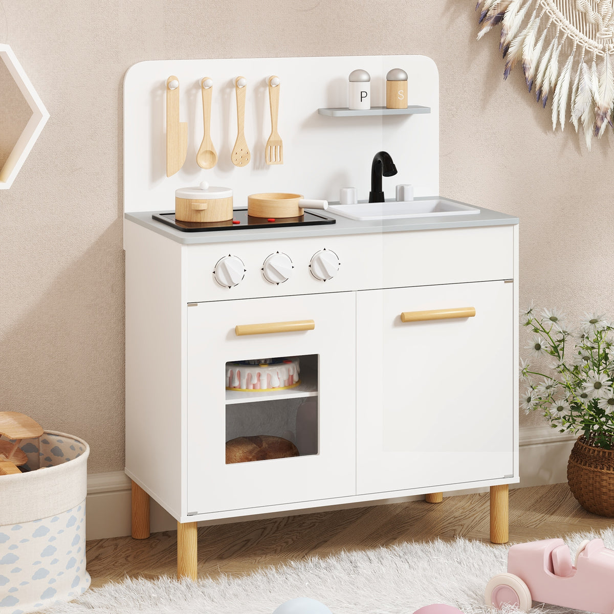 Wooden Kids Kitchen Playset with Accessories - 22" x 12" x 30"-Play Kitchen Sets-DECOROLALA