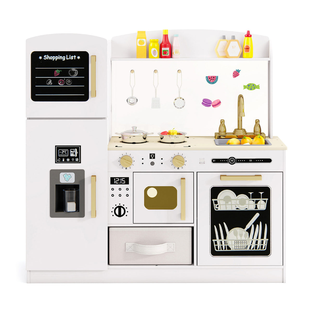 Wooden Kids Kitchen Playset with Chalkboard, Ice Maker, and Light-Play Kitchen Sets-DECOROLALA