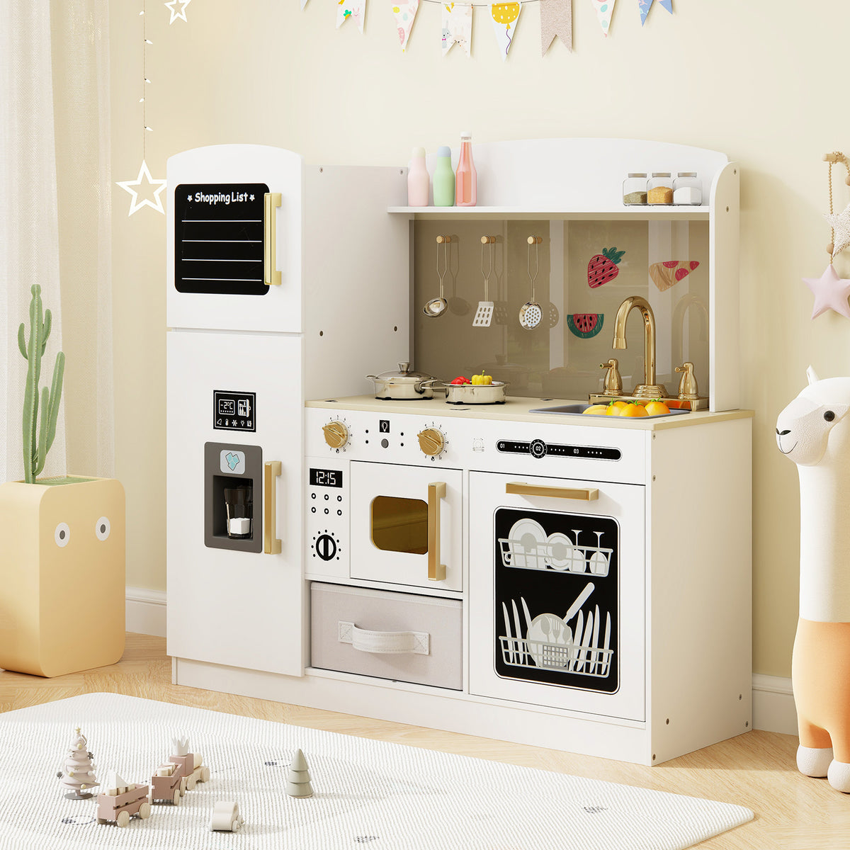 Wooden Kids Kitchen Playset with Chalkboard, Ice Maker, and Light-Play Kitchen Sets-DECOROLALA