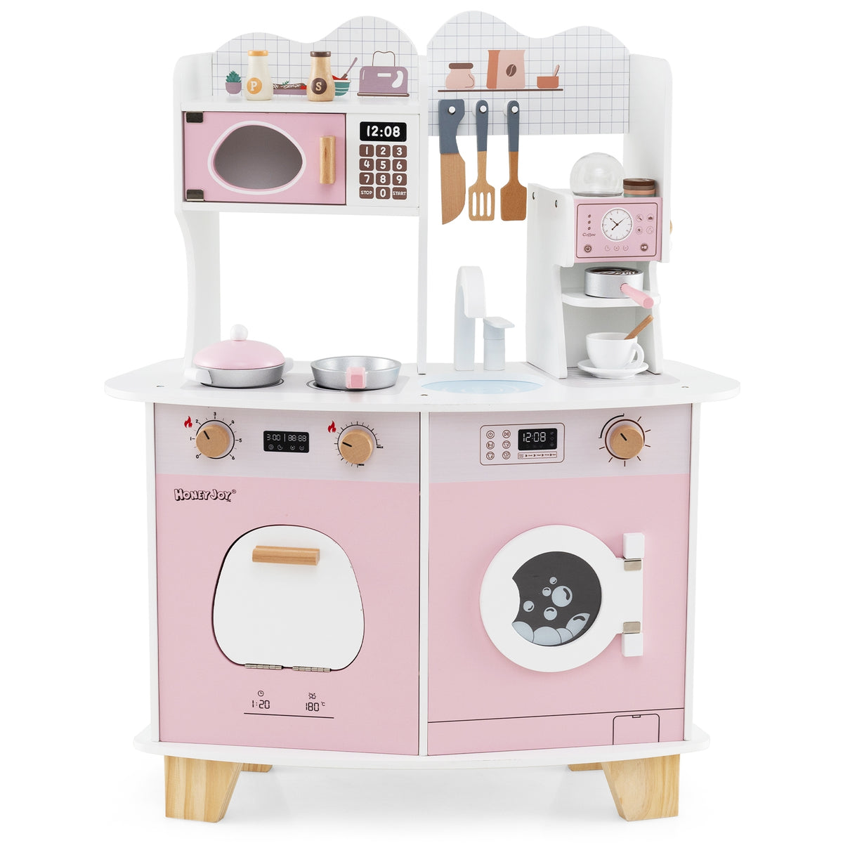 Wooden Kids Kitchen Playset with Coffee Maker - Pink MDF-Play Kitchen Sets-DECOROLALA