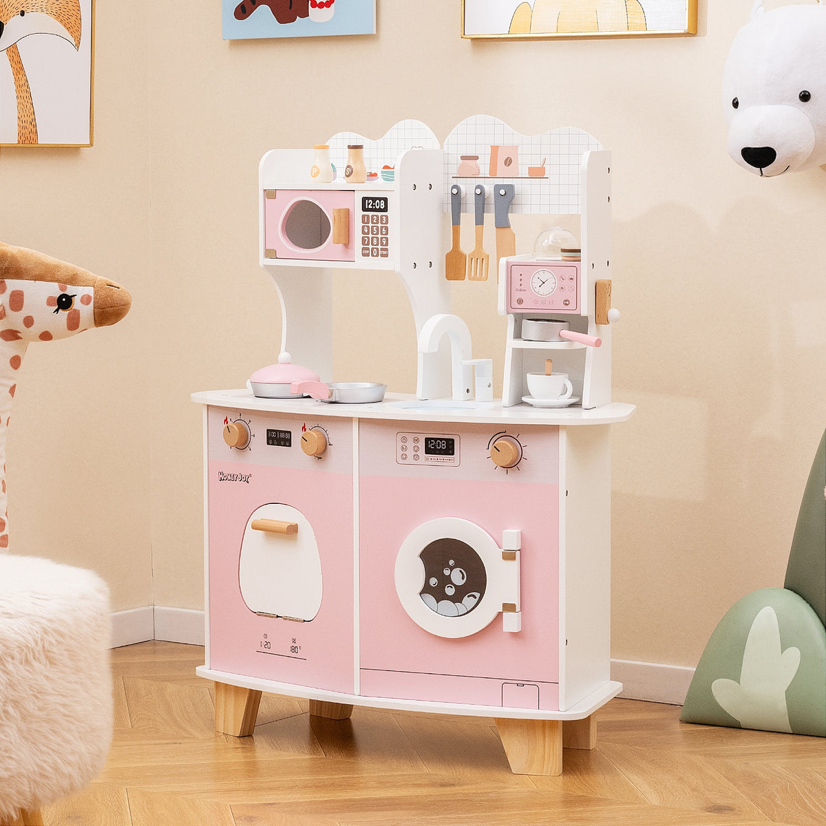 Wooden Kids Kitchen Playset with Coffee Maker - Pink MDF-Play Kitchen Sets-DECOROLALA