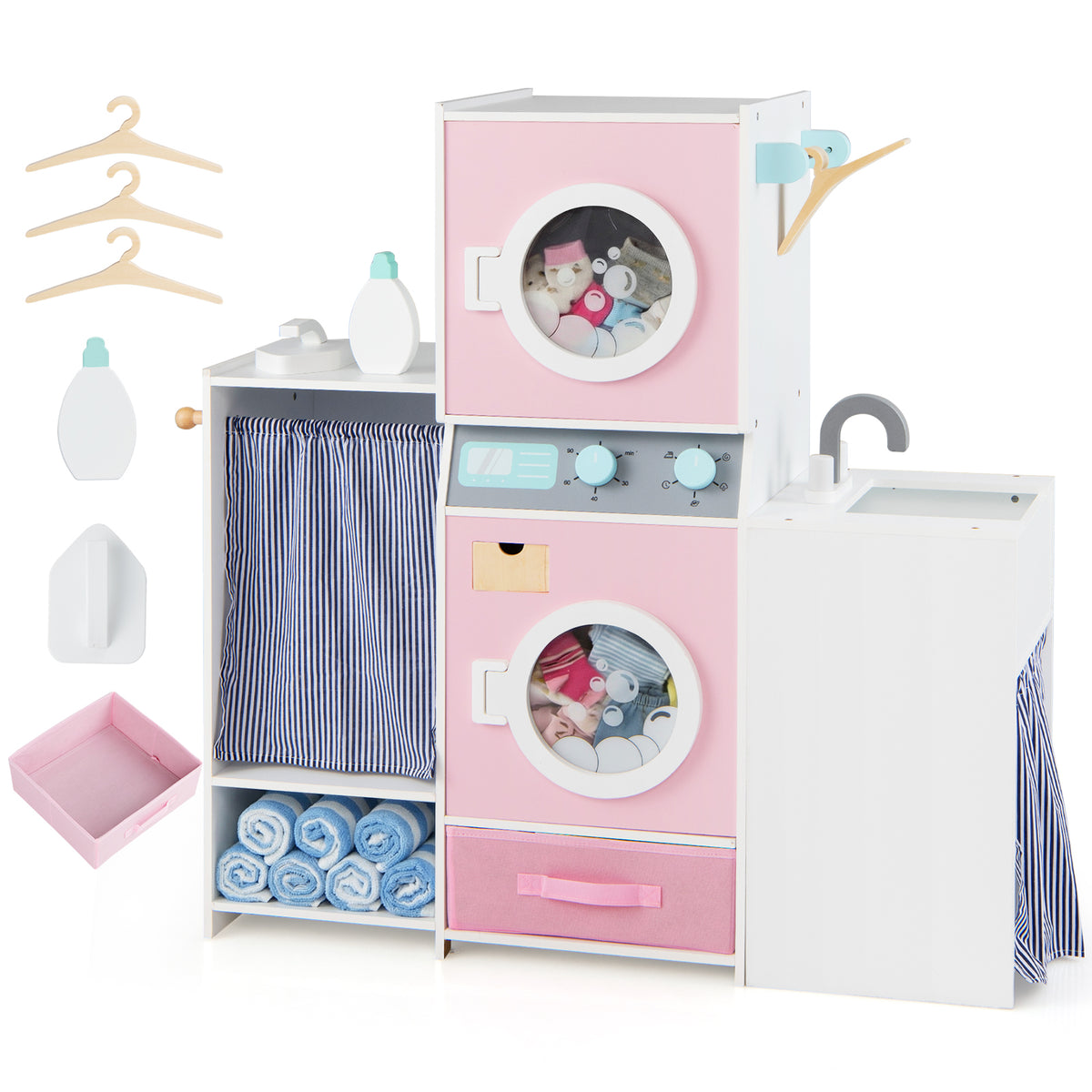 Wooden Kids Laundry Playset with Ironing Board and Accessories - Pink-Play Kitchen Sets-DECOROLALA
