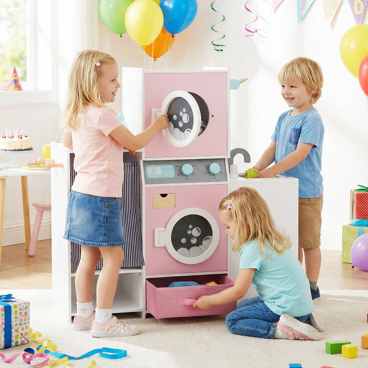 Wooden Kids Laundry Playset with Ironing Board and Accessories - Pink-Play Kitchen Sets-DECOROLALA