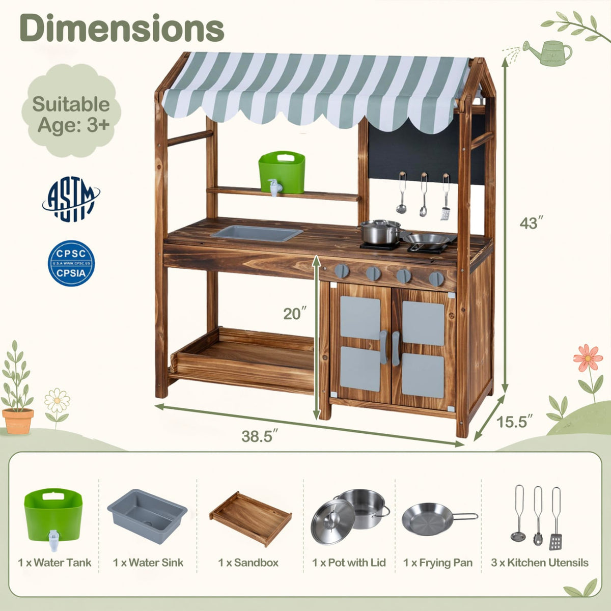 Wooden Kids Mud Kitchen with 8 Accessories and 2-Sided Chalkboard for Boys Girls Ages 3+-Brown