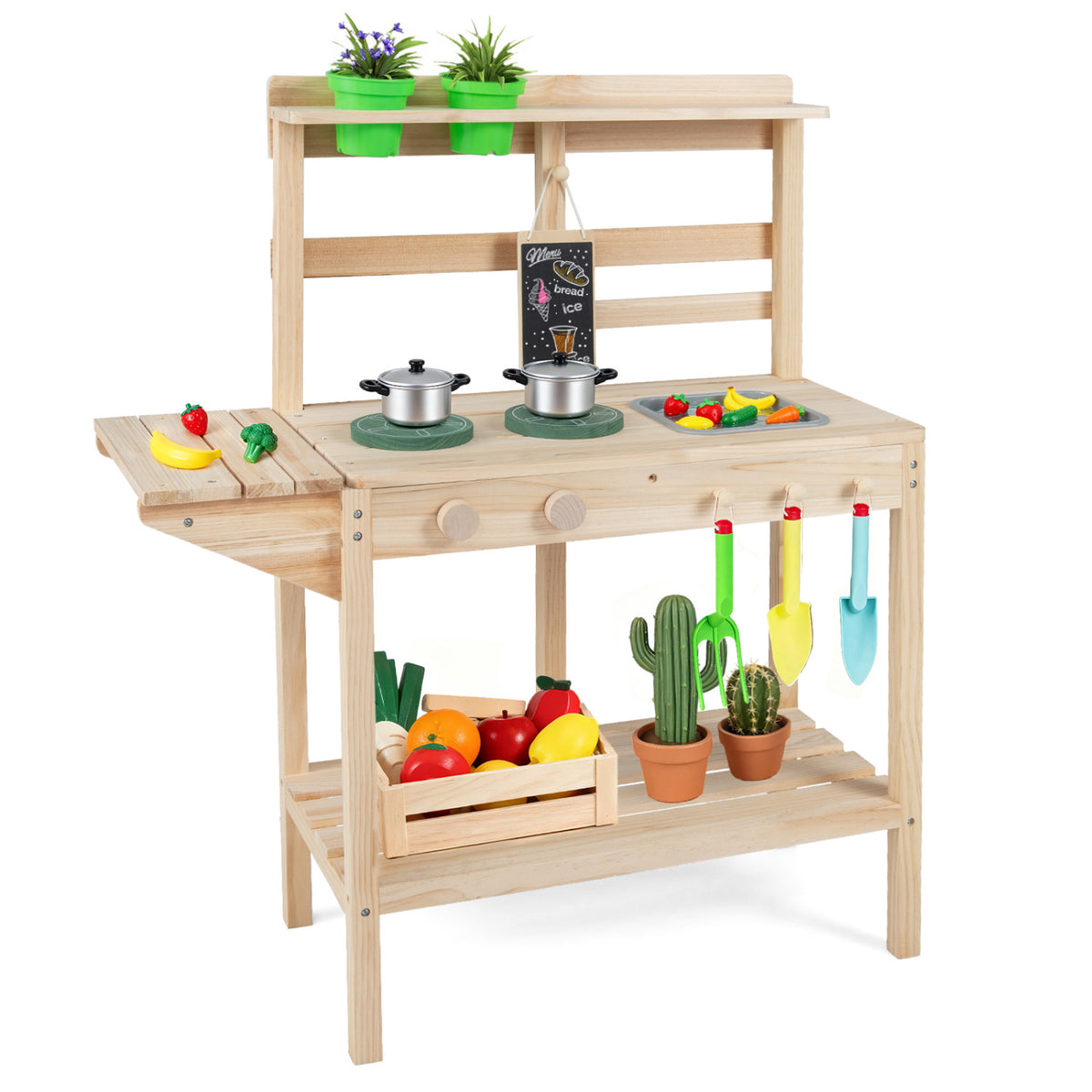 Wooden Kids Outdoor Mud Kitchen Playset - Natural Fir Wood-Play Kitchen Sets-DECOROLALA