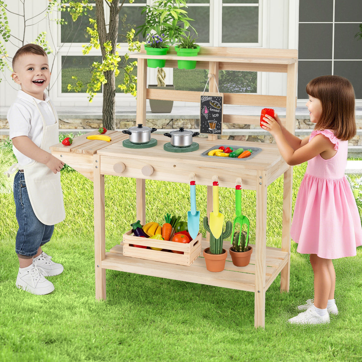 Wooden Kids Outdoor Mud Kitchen Playset - Natural Fir Wood-Play Kitchen Sets-DECOROLALA