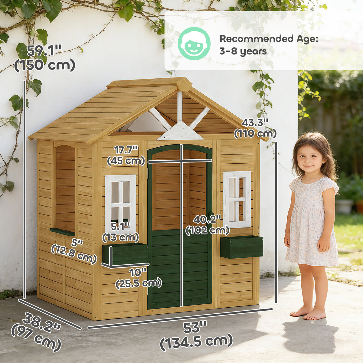 Outdoor Playhouse, Wooden Kids Playhouse with Door, 3 Windows, 2 Flower Boxes for Garden, Indoor Playroom, Ages 3â€“8-Toys & Games > Baby & Toddler Toys > Toy Playsets > Play Houses-DECOROLALA