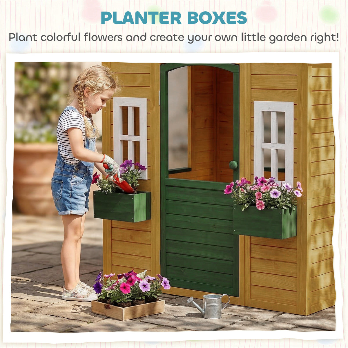 Outdoor Playhouse, Wooden Kids Playhouse with Door, 3 Windows, 2 Flower Boxes for Garden, Indoor Playroom, Ages 3â€“8-Toys & Games > Baby & Toddler Toys > Toy Playsets > Play Houses-DECOROLALA