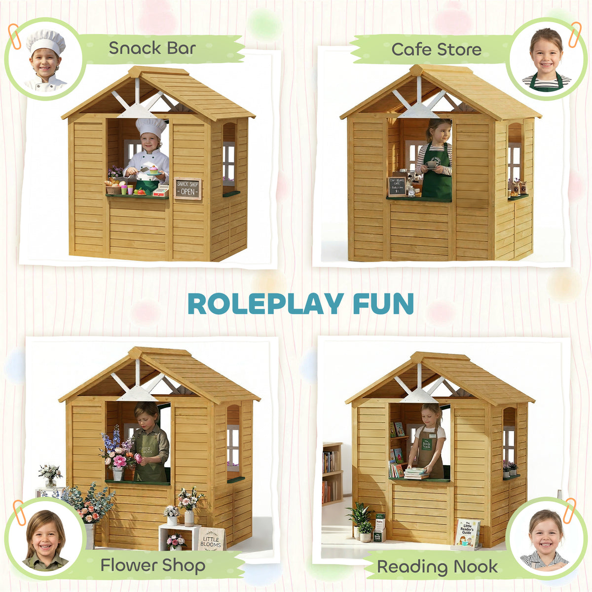 Outdoor Playhouse, Wooden Kids Playhouse with Door, 3 Windows, 2 Flower Boxes for Garden, Indoor Playroom, Ages 3â€“8-Toys & Games > Baby & Toddler Toys > Toy Playsets > Play Houses-DECOROLALA