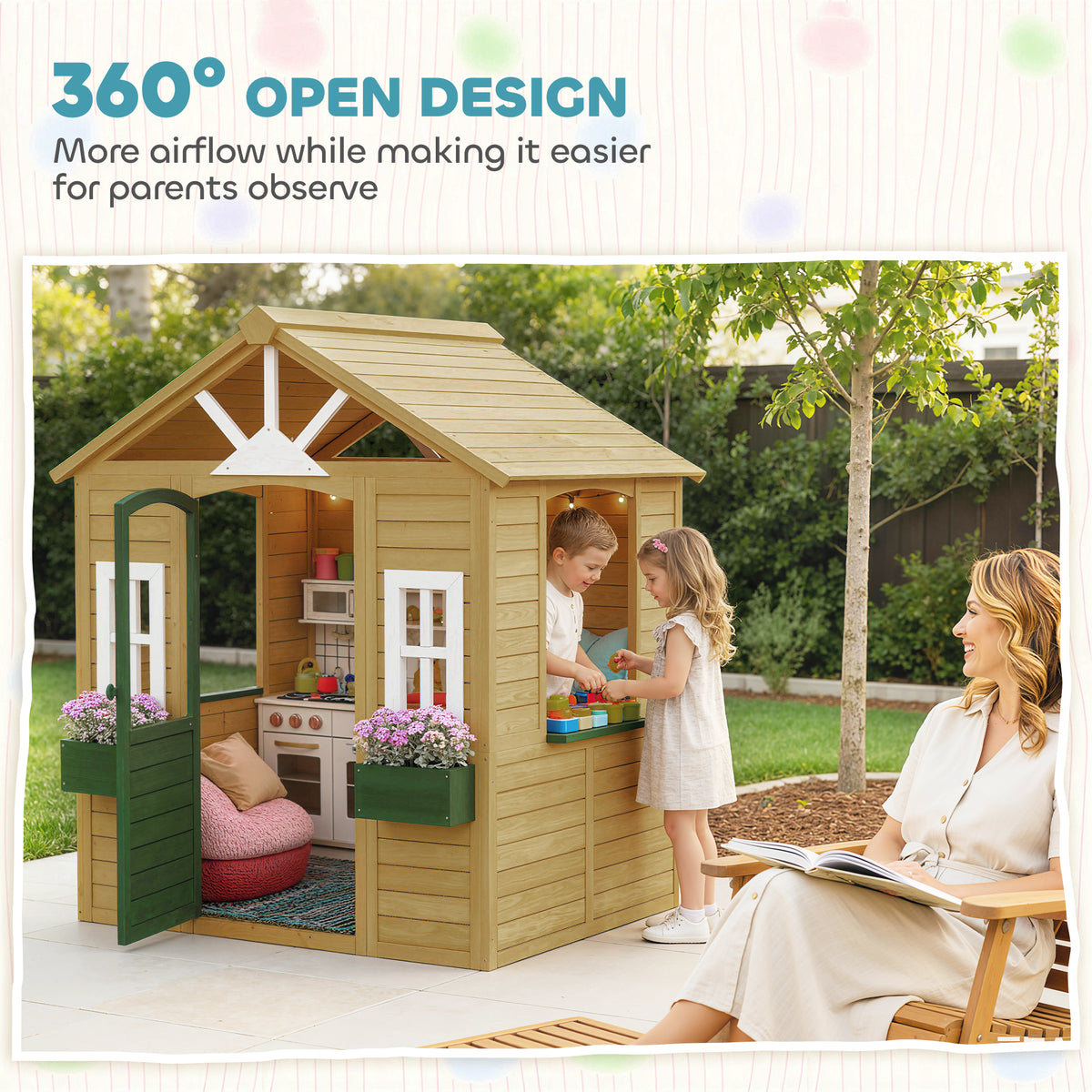 Outdoor Playhouse, Wooden Kids Playhouse with Door, 3 Windows, 2 Flower Boxes for Garden, Indoor Playroom, Ages 3â€“8-Toys & Games > Baby & Toddler Toys > Toy Playsets > Play Houses-DECOROLALA