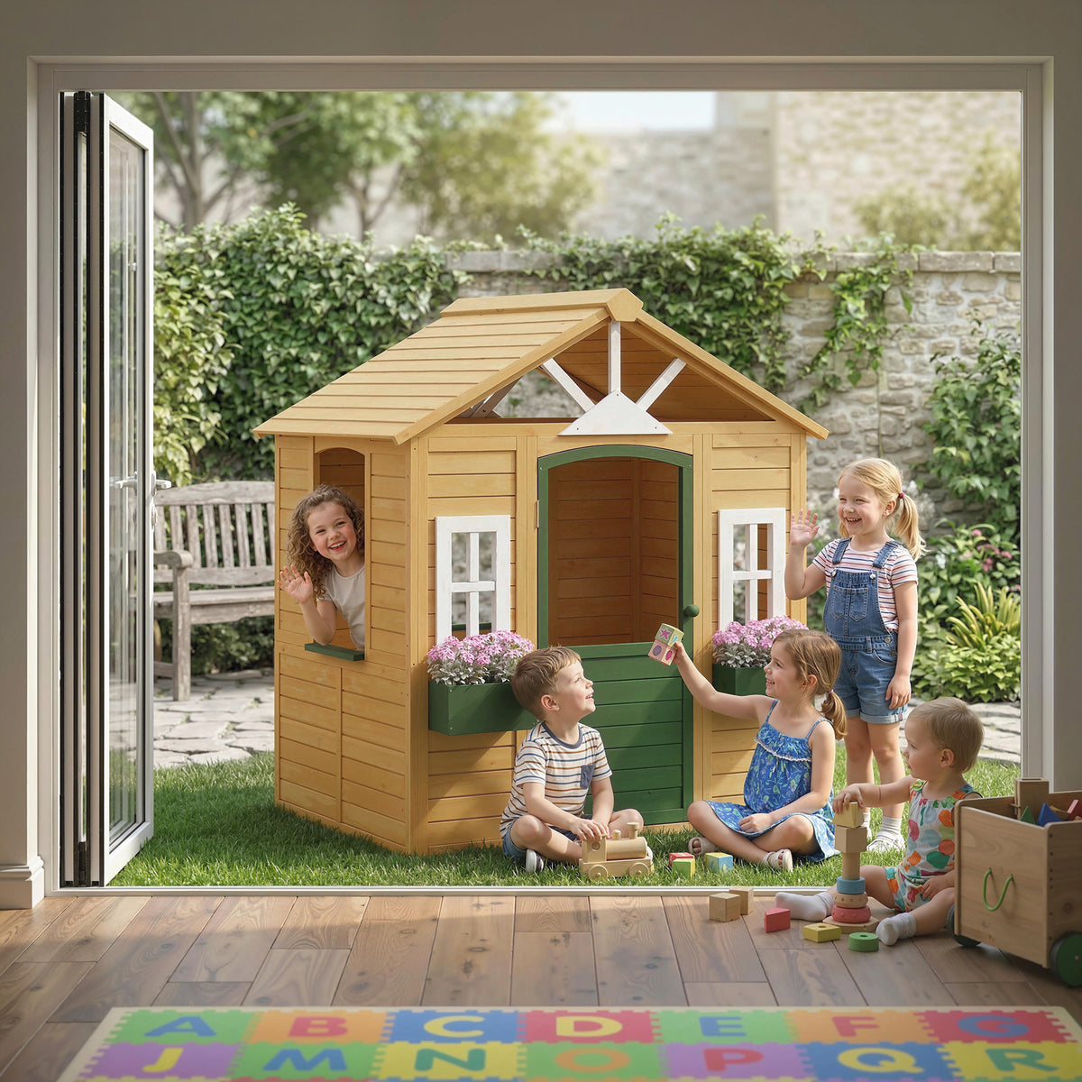 Outdoor Playhouse, Wooden Kids Playhouse with Door, 3 Windows, 2 Flower Boxes for Garden, Indoor Playroom, Ages 3â€“8-Toys & Games > Baby & Toddler Toys > Toy Playsets > Play Houses-DECOROLALA