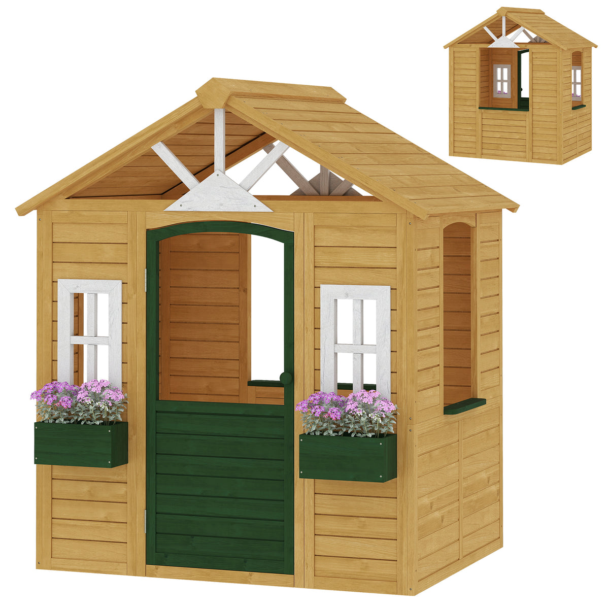 Outdoor Playhouse, Wooden Kids Playhouse with Door, 3 Windows, 2 Flower Boxes for Garden, Indoor Playroom, Ages 3â€“8-Toys & Games > Baby & Toddler Toys > Toy Playsets > Play Houses-DECOROLALA