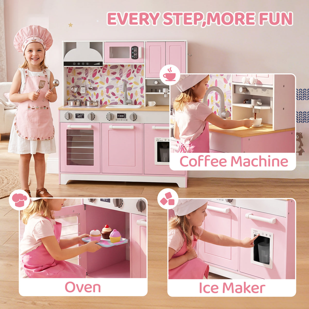 Play Kitchen, Kids Kitchen Playset with Coffee Maker, Ice Maker, Clicking Knobs, Storage, Accessories for 3-8 Years-Toys & Games > Baby & Toddler Toys > Toy Playsets > Play Kitchen-DECOROLALA