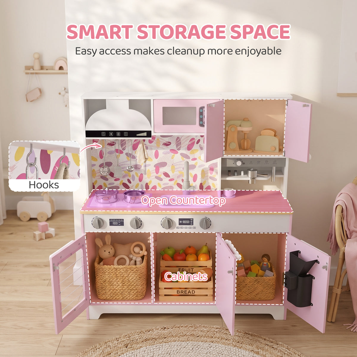 Play Kitchen, Kids Kitchen Playset with Coffee Maker, Ice Maker, Clicking Knobs, Storage, Accessories for 3-8 Years-Toys & Games > Baby & Toddler Toys > Toy Playsets > Play Kitchen-DECOROLALA