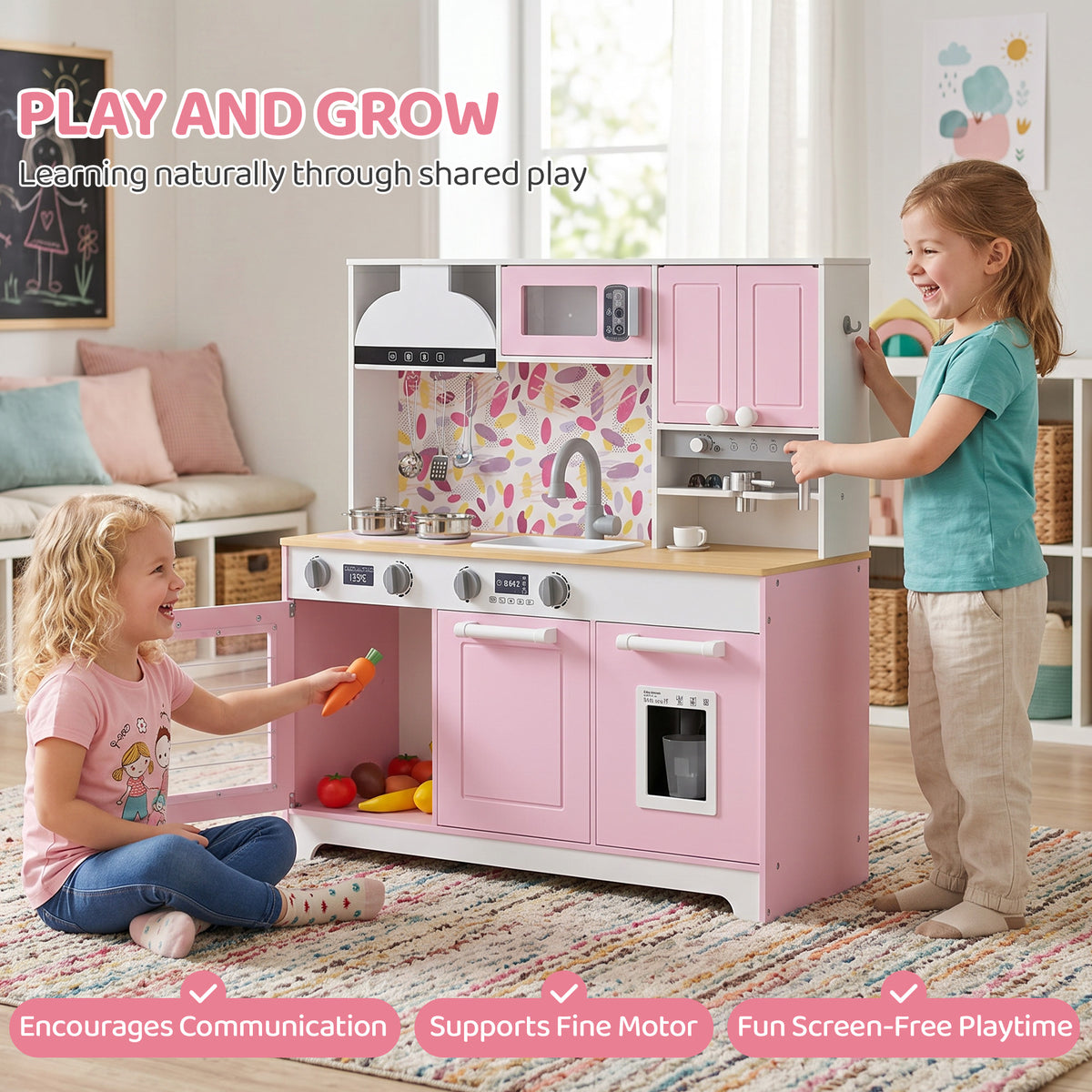Play Kitchen, Kids Kitchen Playset with Coffee Maker, Ice Maker, Clicking Knobs, Storage, Accessories for 3-8 Years-Toys & Games > Baby & Toddler Toys > Toy Playsets > Play Kitchen-DECOROLALA