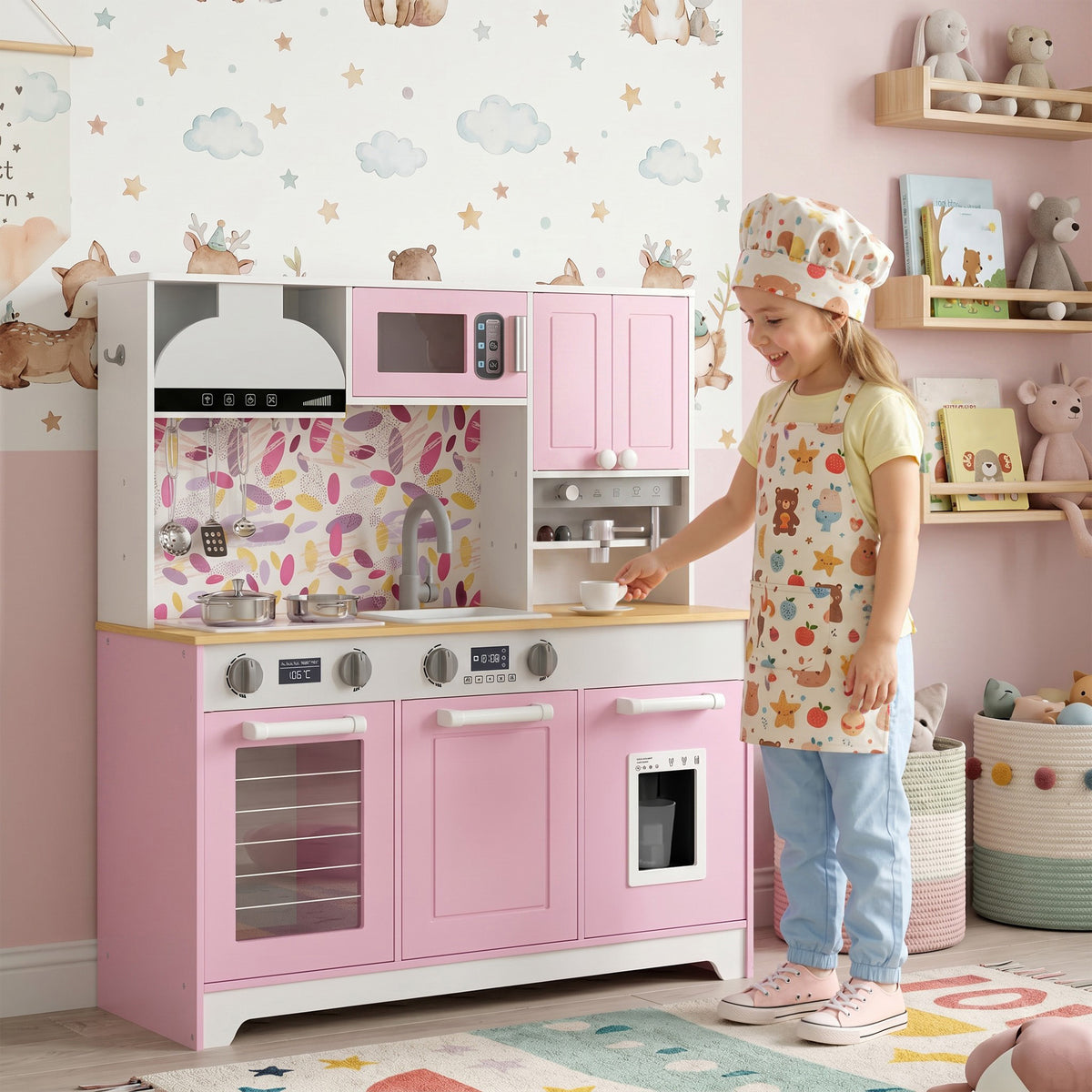 Play Kitchen, Kids Kitchen Playset with Coffee Maker, Ice Maker, Clicking Knobs, Storage, Accessories for 3-8 Years-Toys & Games > Baby & Toddler Toys > Toy Playsets > Play Kitchen-DECOROLALA