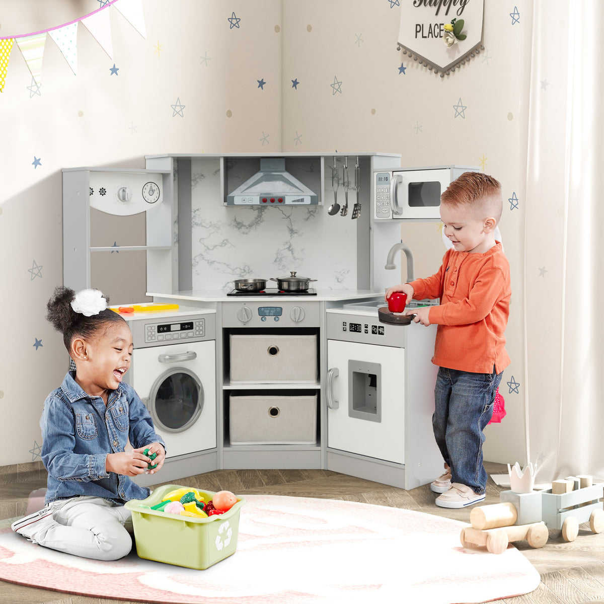 Wooden Kids Play Kitchen Playset with Lights and Sounds - MDF-Play Kitchen Sets-DECOROLALA