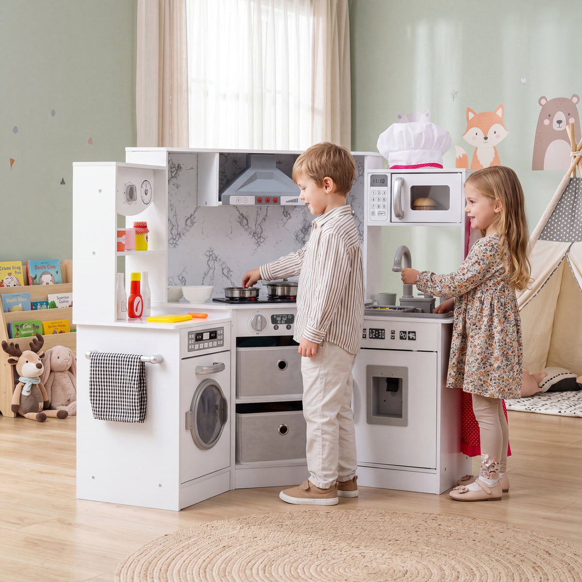 Wooden Kids Play Kitchen Playset with Realistic Lights and Sounds