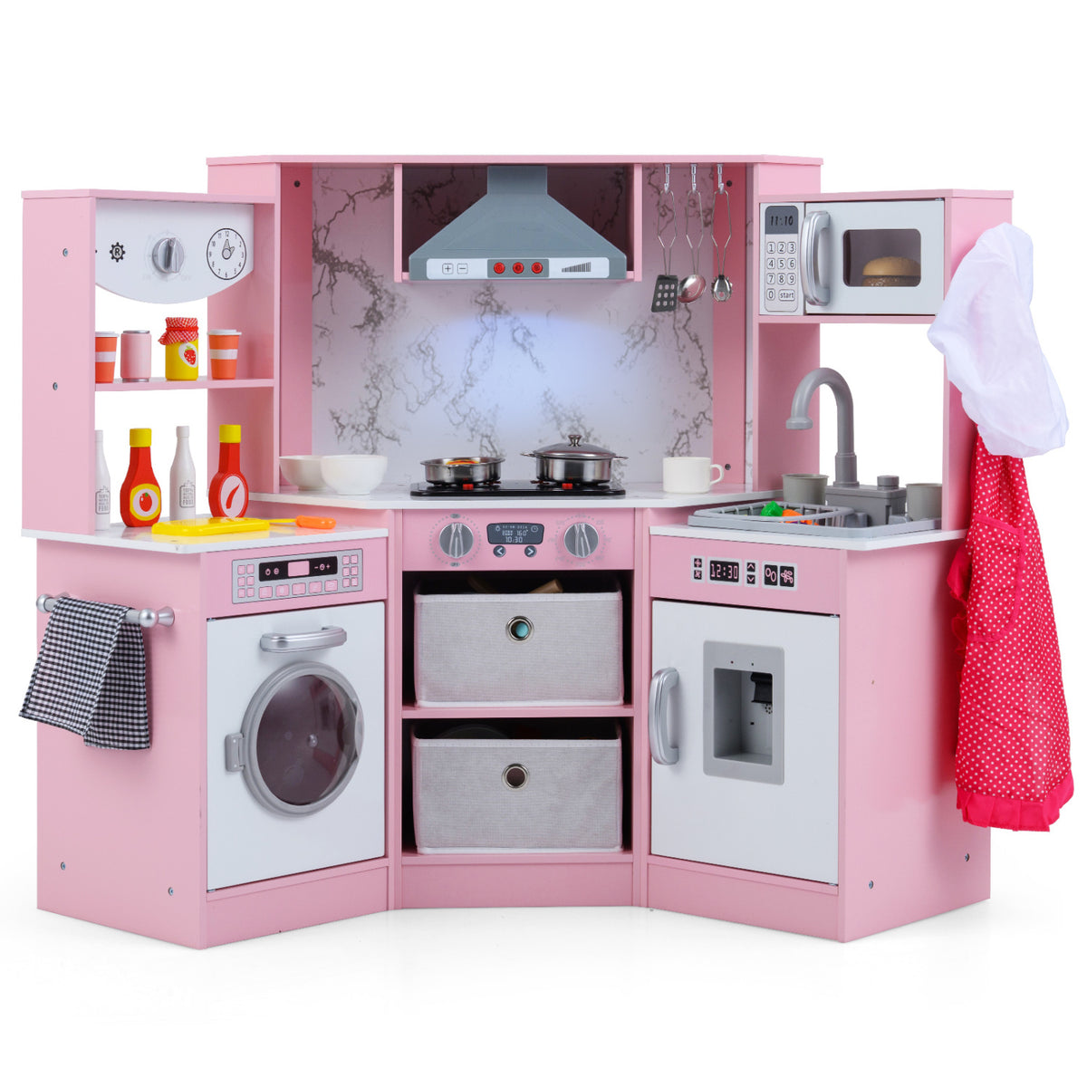 Wooden Kids Play Kitchen Playset with Realistic Lights and Sounds