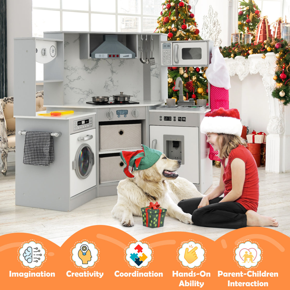 Wooden Kids Play Kitchen Playset with Realistic Lights and Sounds