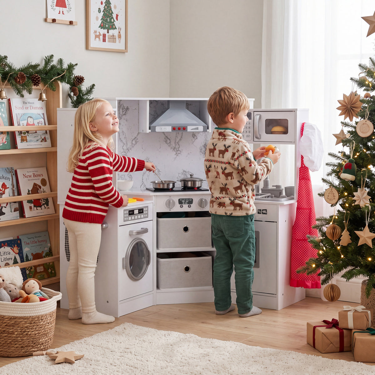 Wooden Kids Play Kitchen Playset with Realistic Lights and Sounds