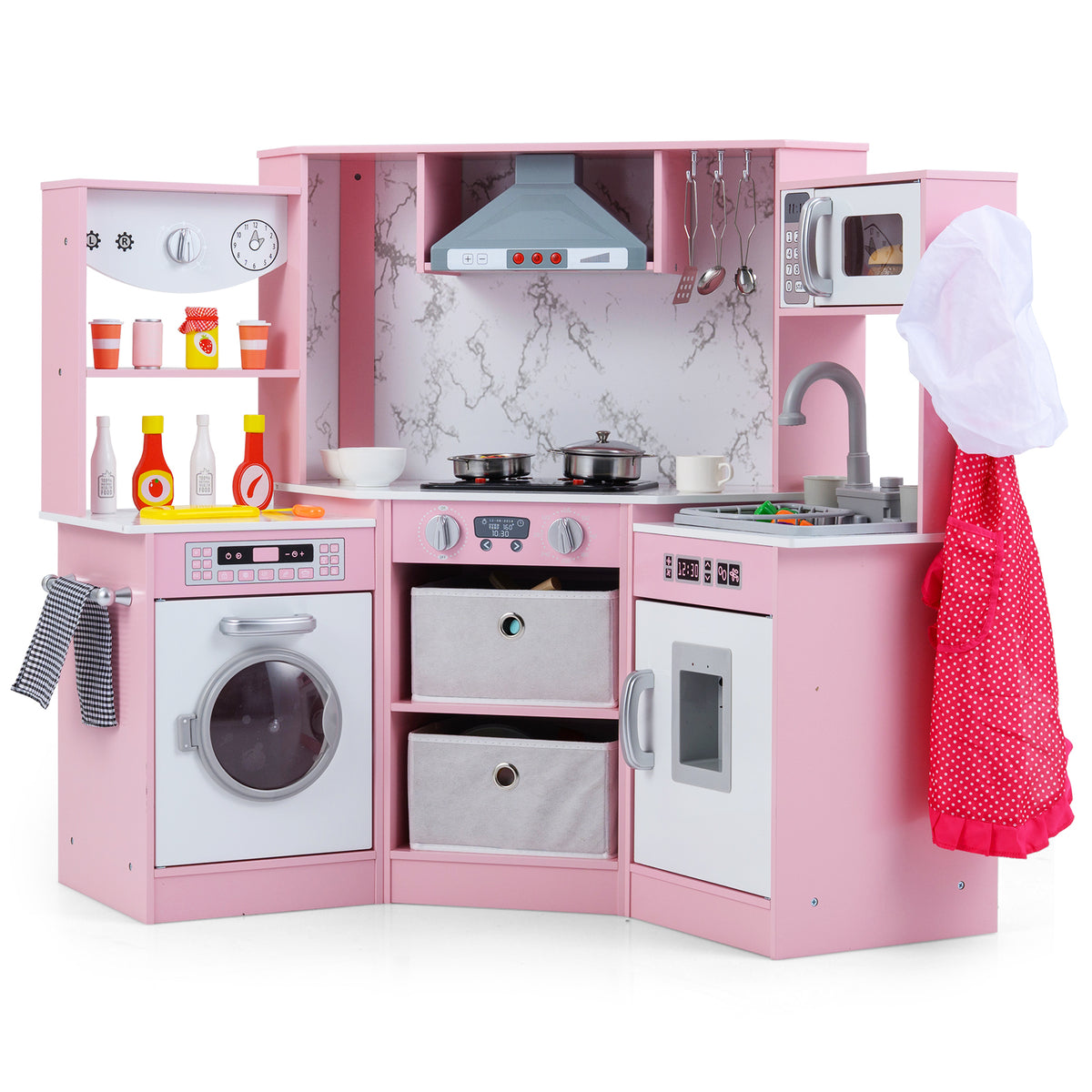 Wooden Kids Play Kitchen Playset with Realistic Lights and Sounds