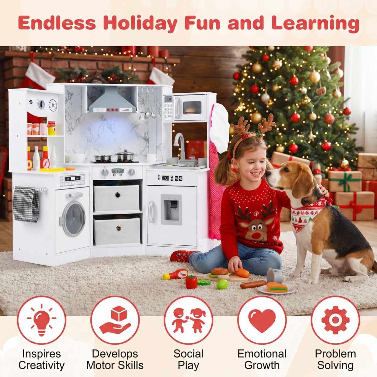 Wooden Kids Play Kitchen Playset with Realistic Lights and Sounds