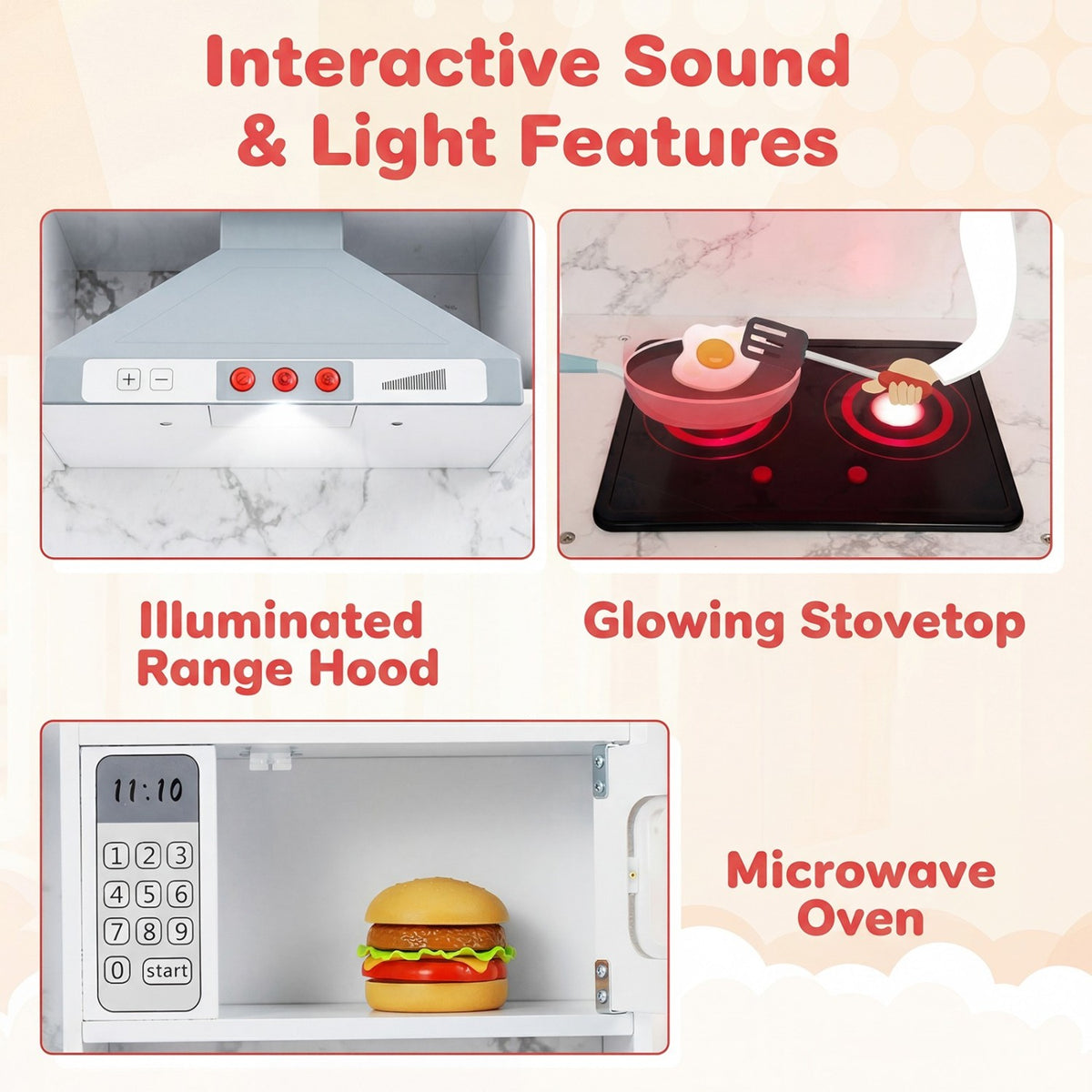 Wooden Kids Play Kitchen Playset with Realistic Lights and Sounds
