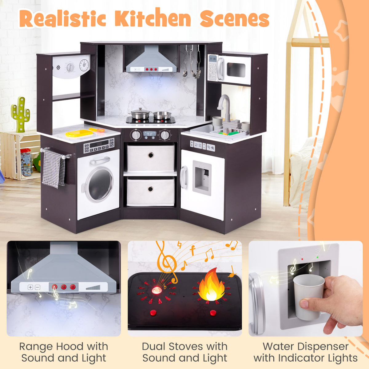 Wooden Kids Play Kitchen Playset with Realistic Lights and Sounds
