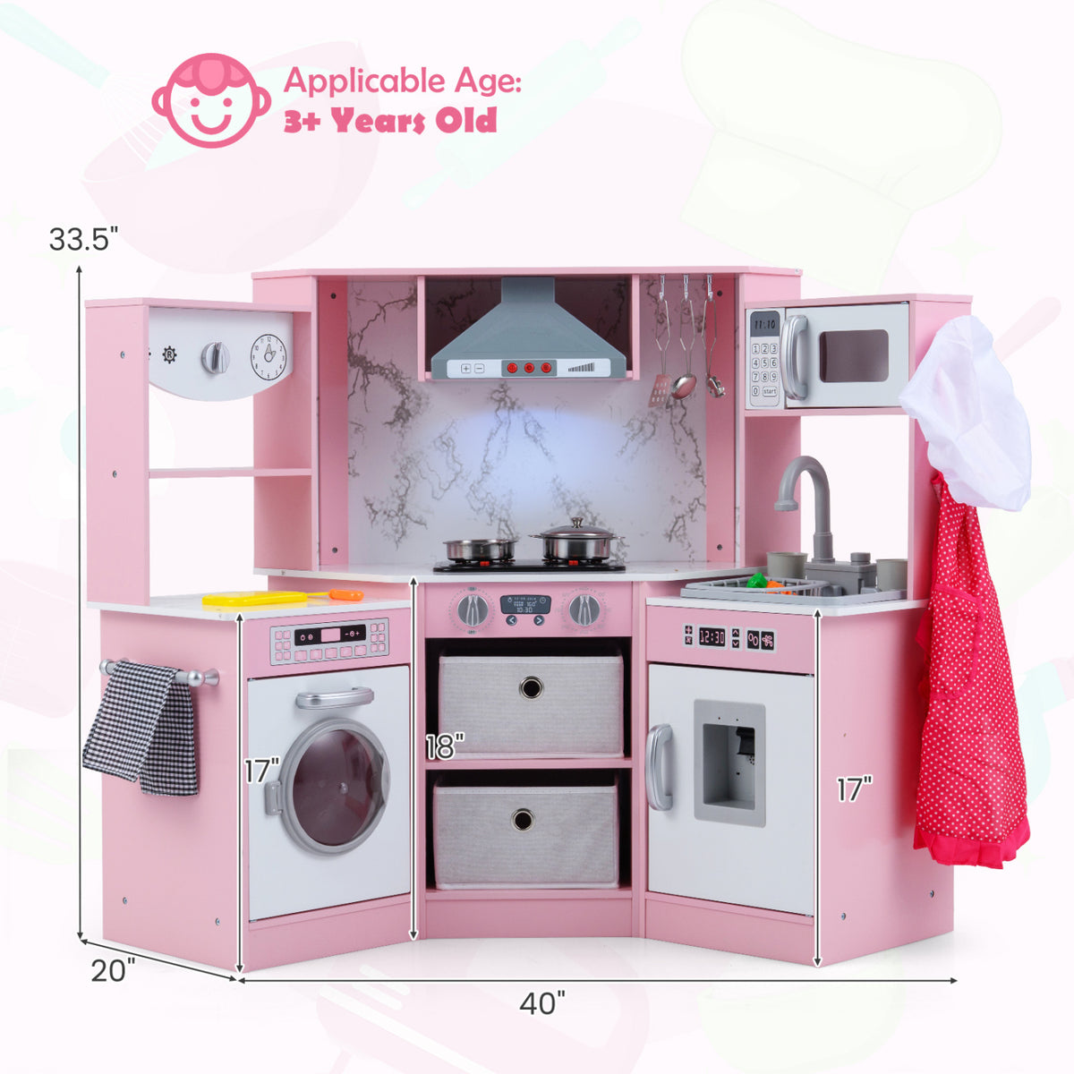 Wooden Kids Play Kitchen Playset with Realistic Lights and Sounds