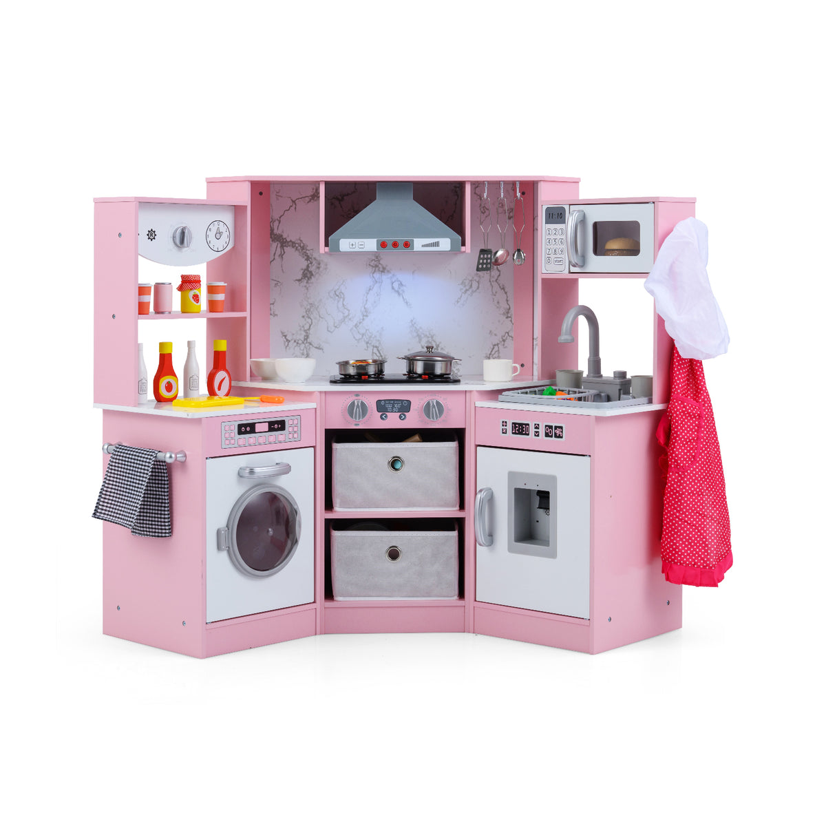 Wooden Kids Play Kitchen Playset with Realistic Lights and Sounds