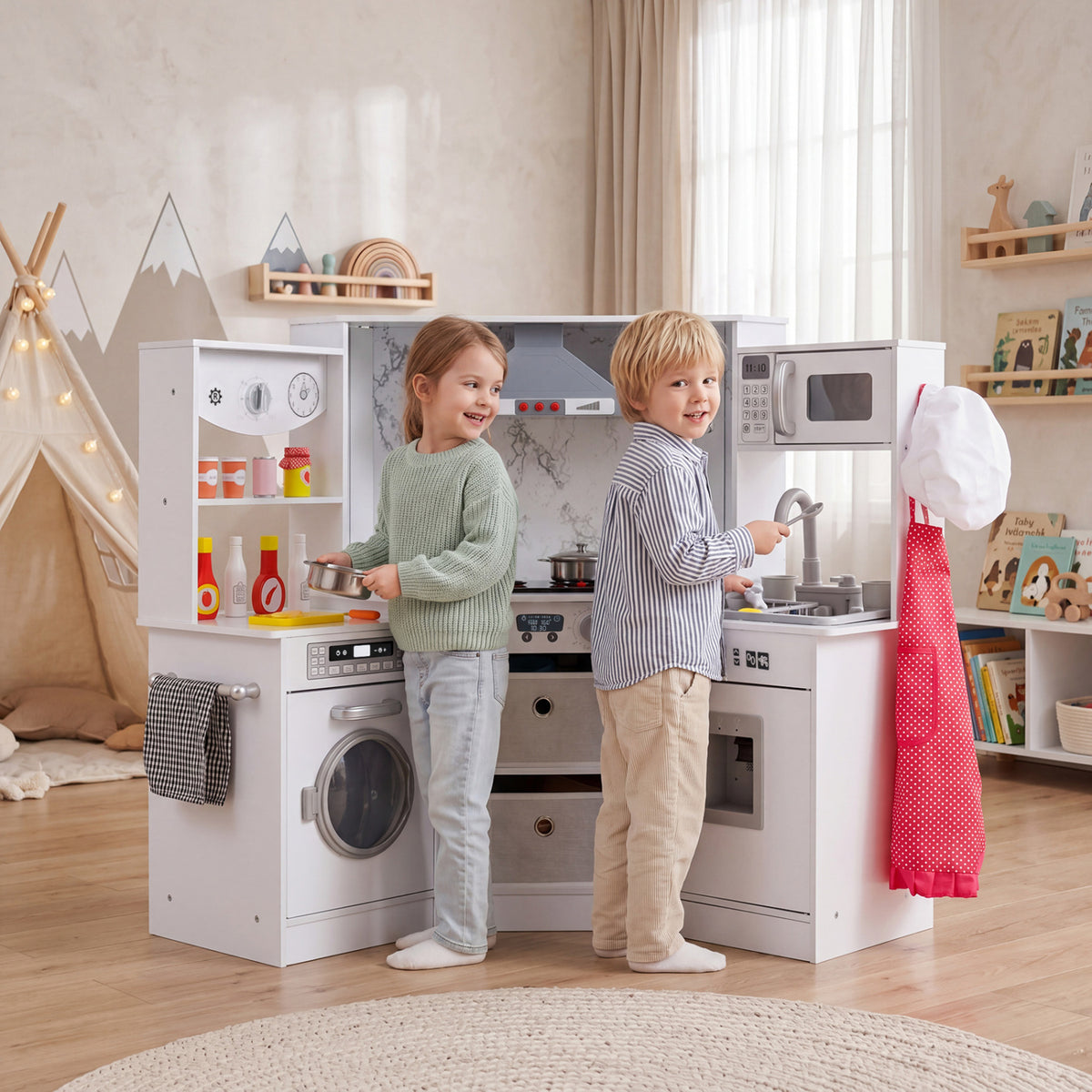 Wooden Kids Play Kitchen Playset with Realistic Lights and Sounds