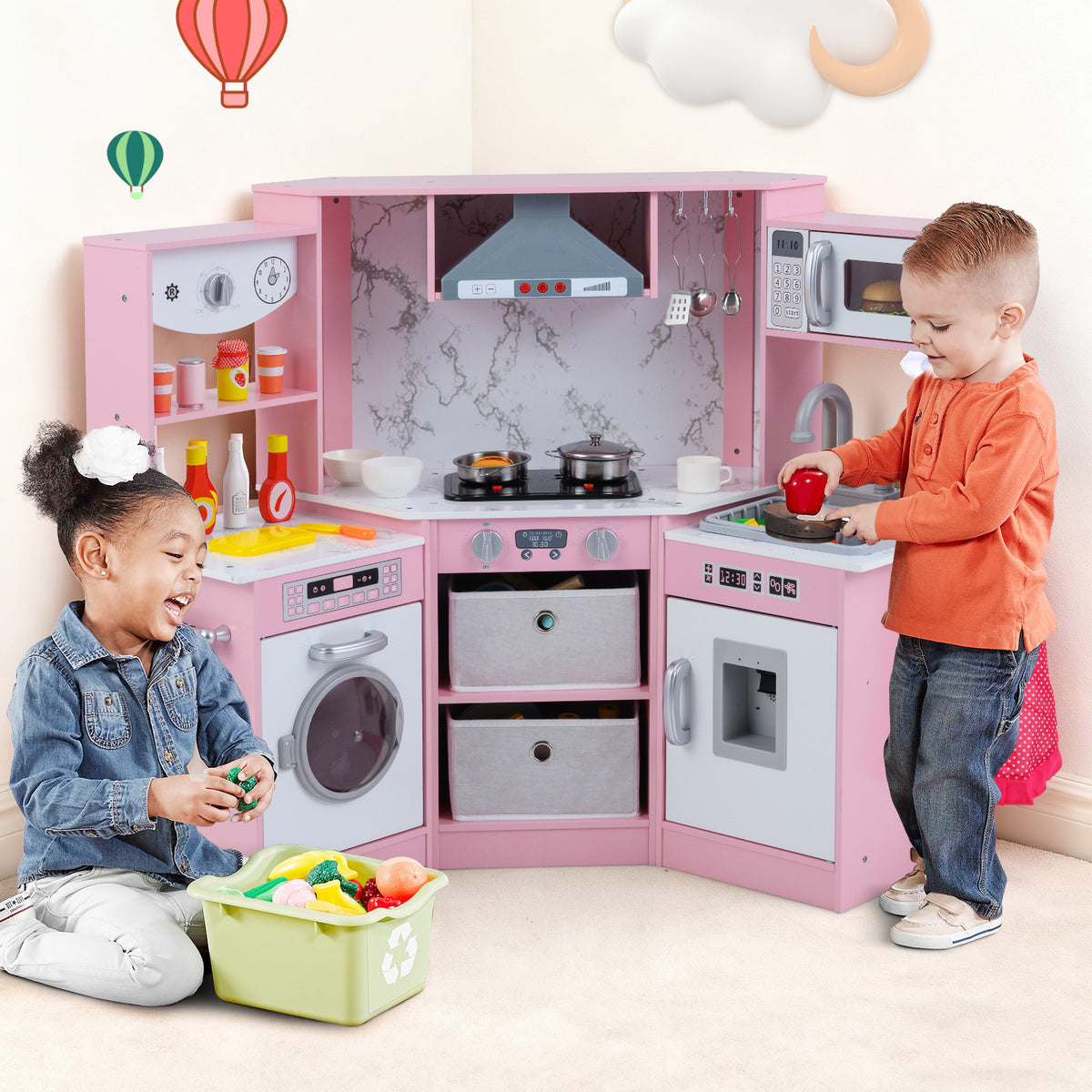 Wooden Kids Play Kitchen Playset with Realistic Lights and Sounds